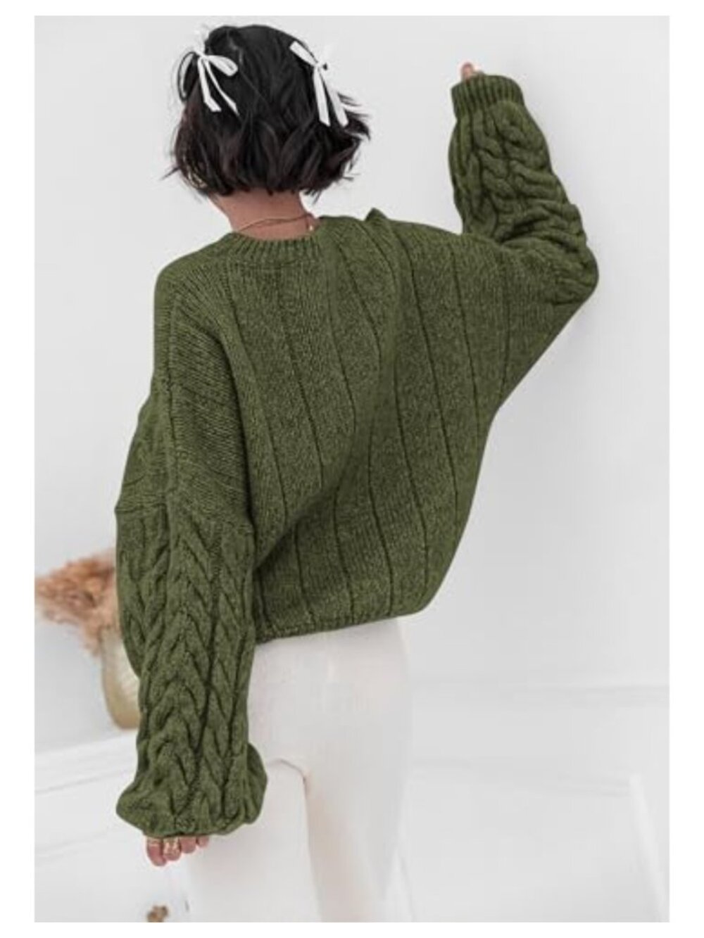 Oversized Cable Knit Sweater Balloon Sleeve Crew Neck Pullover - Picture 3 of 6